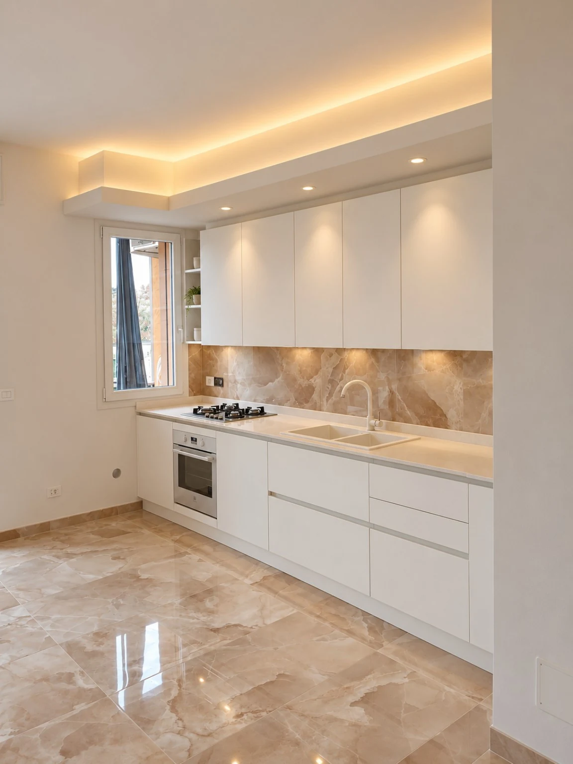 Un soffitto disegnato su misura. Velette e faretti sopra la cucina.