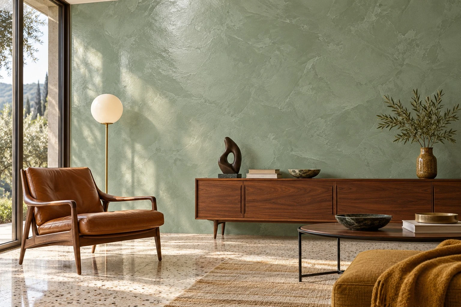 Verde, morbido, luminoso. Ambientazione della finitura decorativa verde.